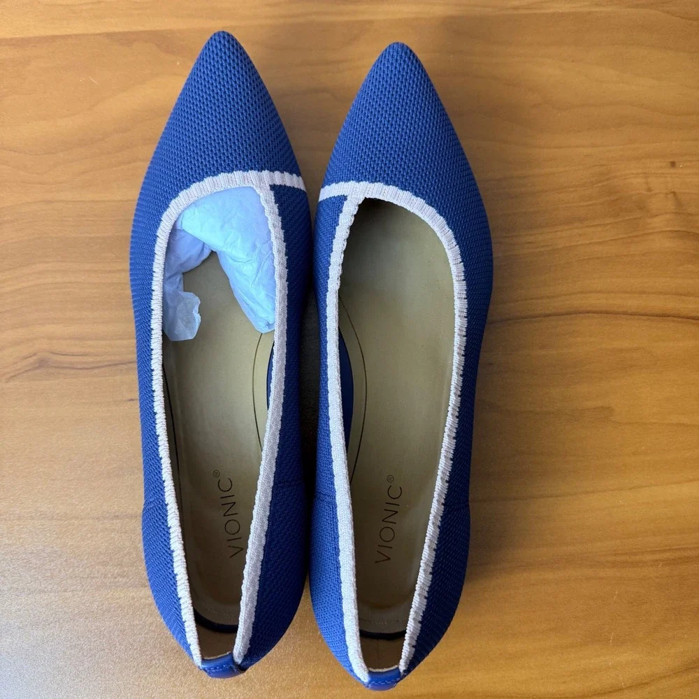Vionic Dahlia Blue Knit Pointed Toe Flats Pink Trim Womens 11 Orthotic Comfort